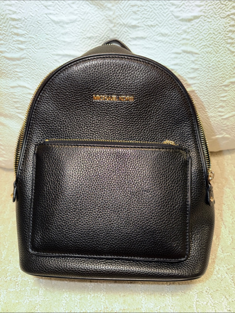 Michael Kors Black Pebbled Leather Adina Backpack with Gold Hardware